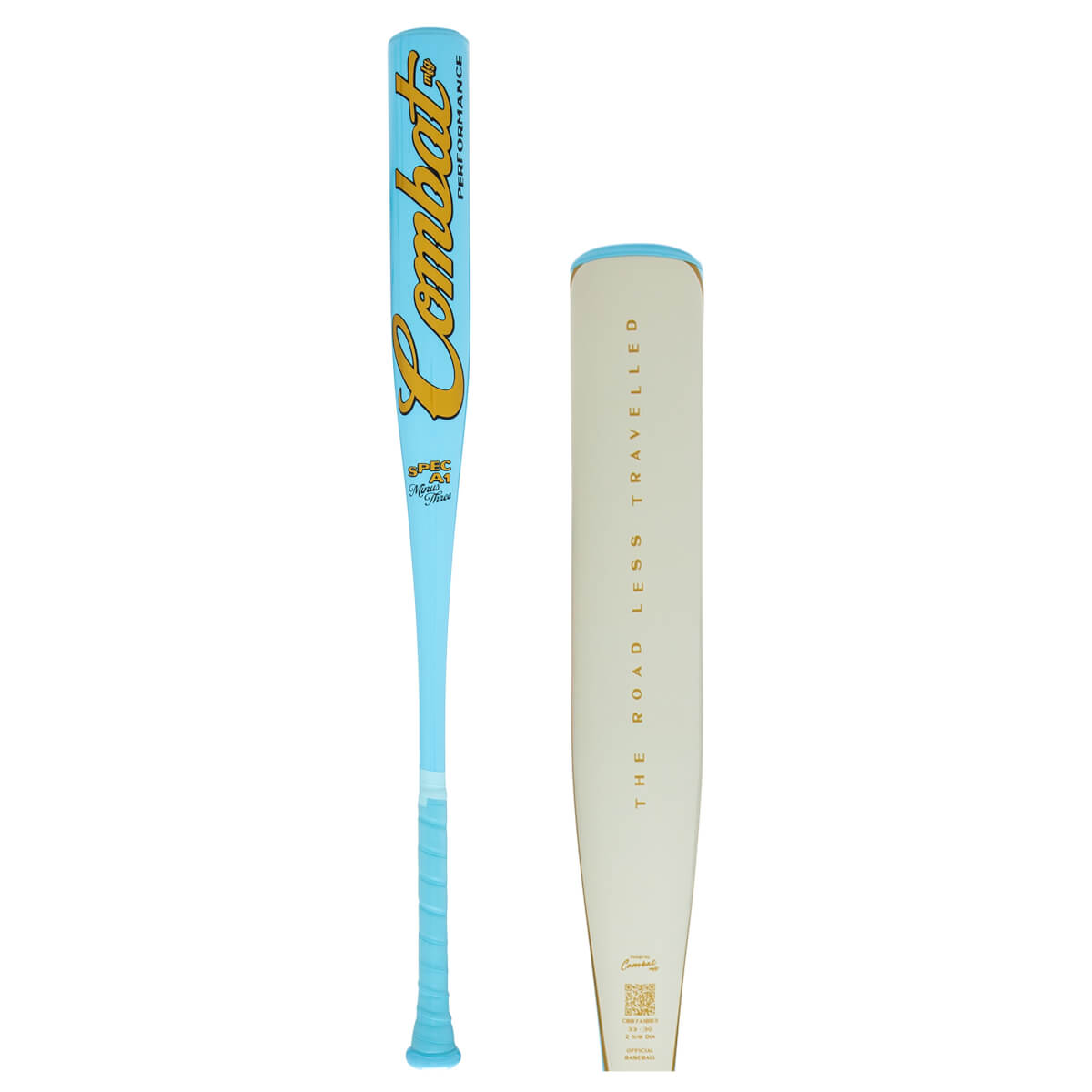 Front view of a light blue baseball bat with "Combat" in gold script and "PERFORMANCE" text.