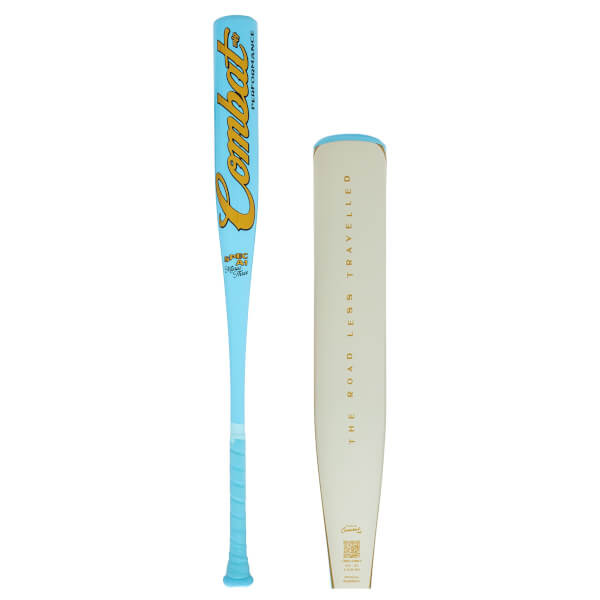 Front view of a light blue baseball bat with "Combat" in gold script and "PERFORMANCE" text.