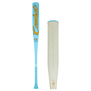 Front view of a light blue baseball bat with "Combat" in gold script and "PERFORMANCE" text.