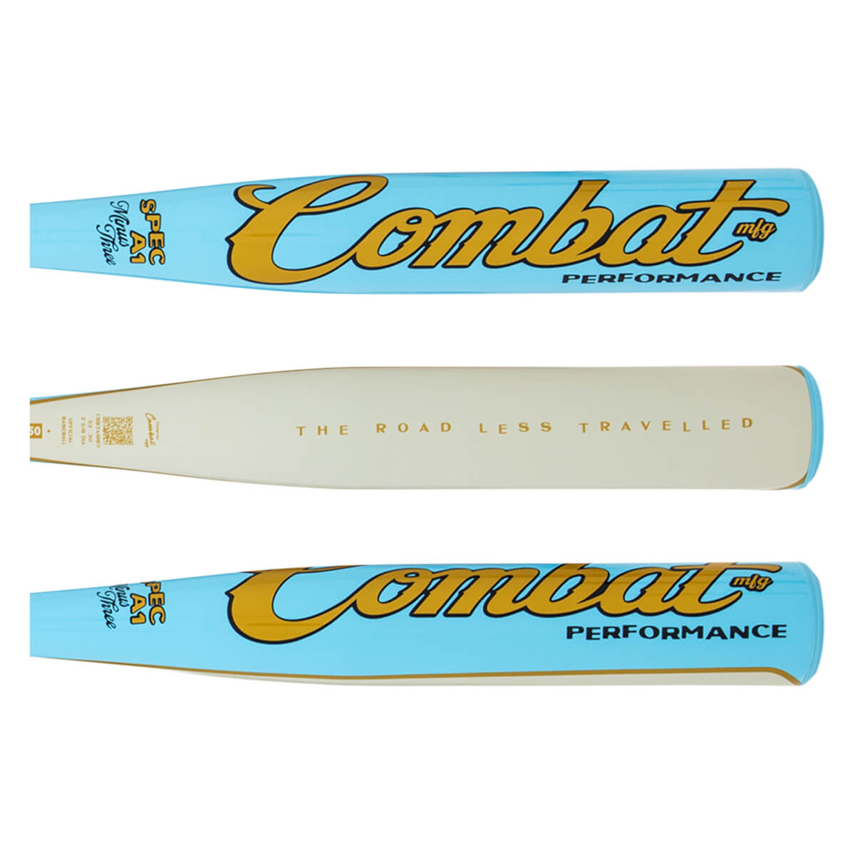 Front view of a light blue baseball bat with gold "Combat" lettering and "PERFORMANCE" text.
