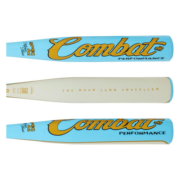 Front view of a light blue baseball bat with gold "Combat" lettering and "PERFORMANCE" text.