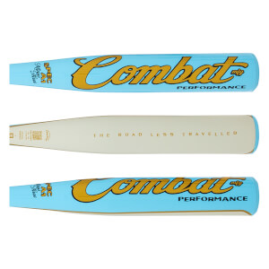 Front view of a light blue baseball bat with gold "Combat" lettering and "PERFORMANCE" text.