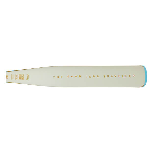 Side view of a cream-colored baseball bat with gold text reading "THE ROAD LESS TRAVELLED" and a blue end cap.