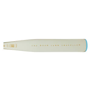 Side view of a cream-colored baseball bat with gold text reading "THE ROAD LESS TRAVELLED" and a blue end cap.
