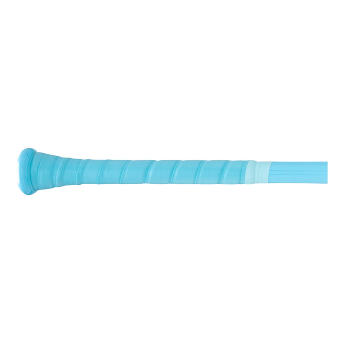 Close-up of the end of a light blue baseball bat with a textured grip and a light blue band.