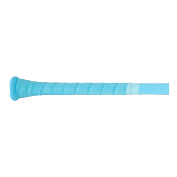Close-up of the end of a light blue baseball bat with a textured grip and a light blue band.