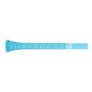 Close-up of the end of a light blue baseball bat with a textured grip and a light blue band.