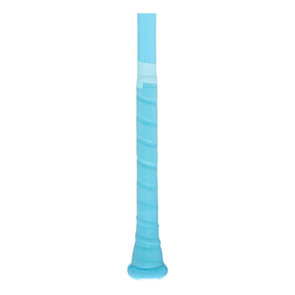 Close-up of the blue grip on a product, showing spiral texture and a light blue band.