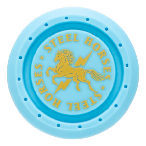 Top-down view of a light blue circular object with a yellow horse and lightning bolt emblem, and the words "STEEL HORSES".