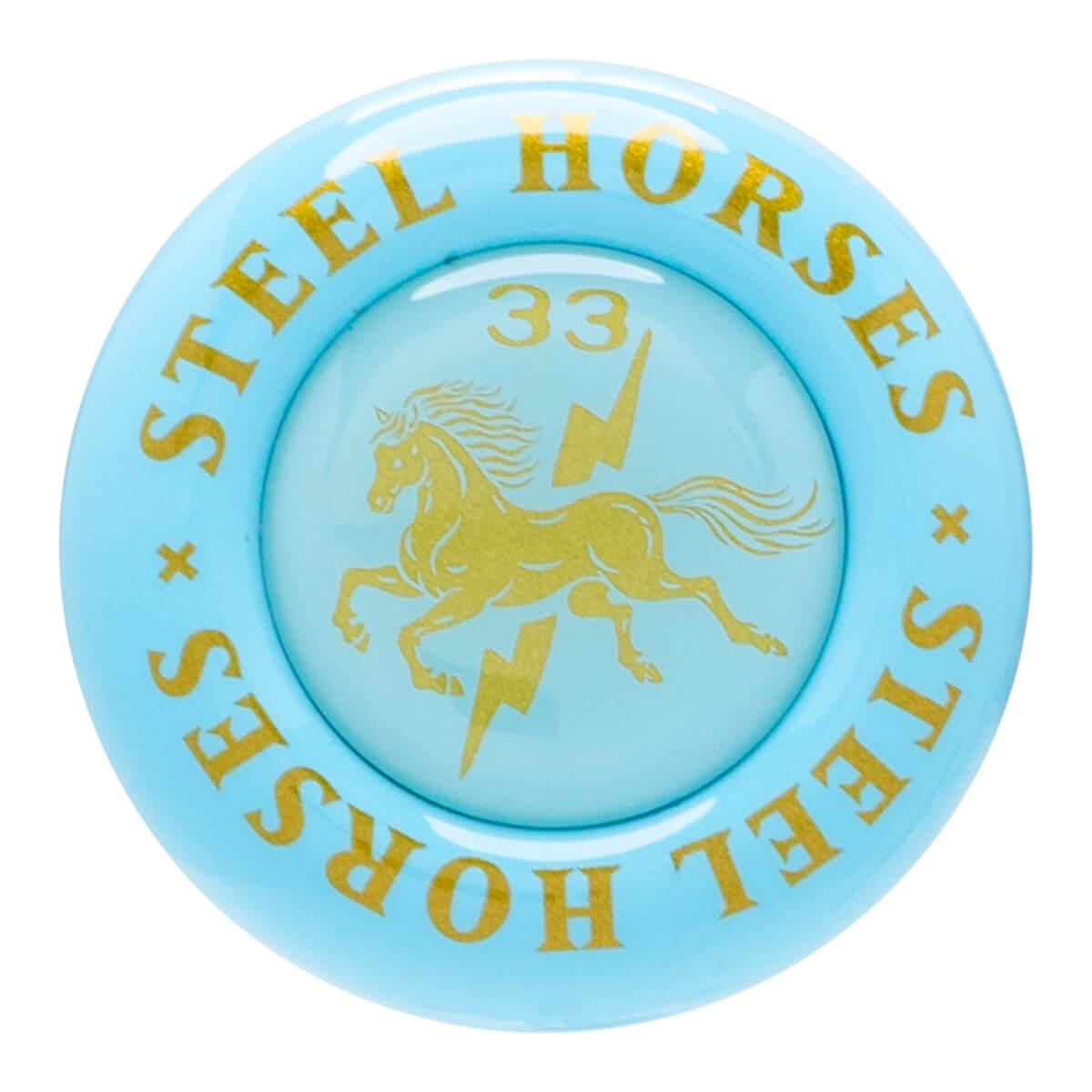 Top-down view of a light blue circular object with gold lettering "STEEL HORSES" and a gold horse and lightning bolt graphic.