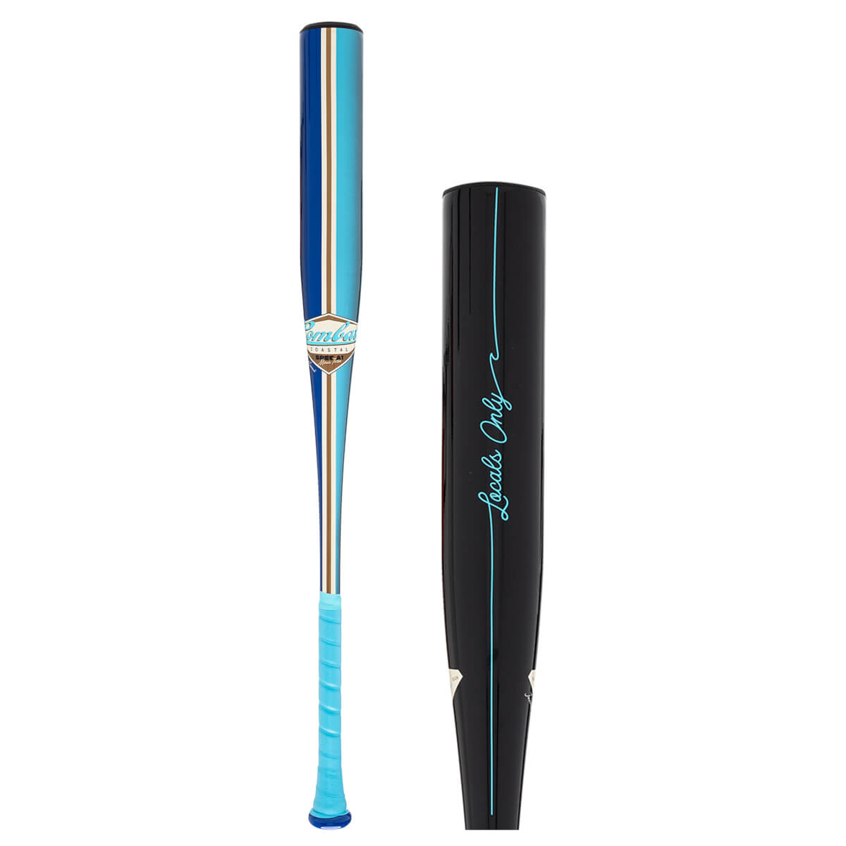 Side view of a baseball bat with blue, light blue, and brown stripes and a blue grip.