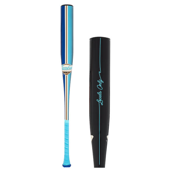 Side view of a baseball bat with blue, light blue, and brown stripes and a blue grip.