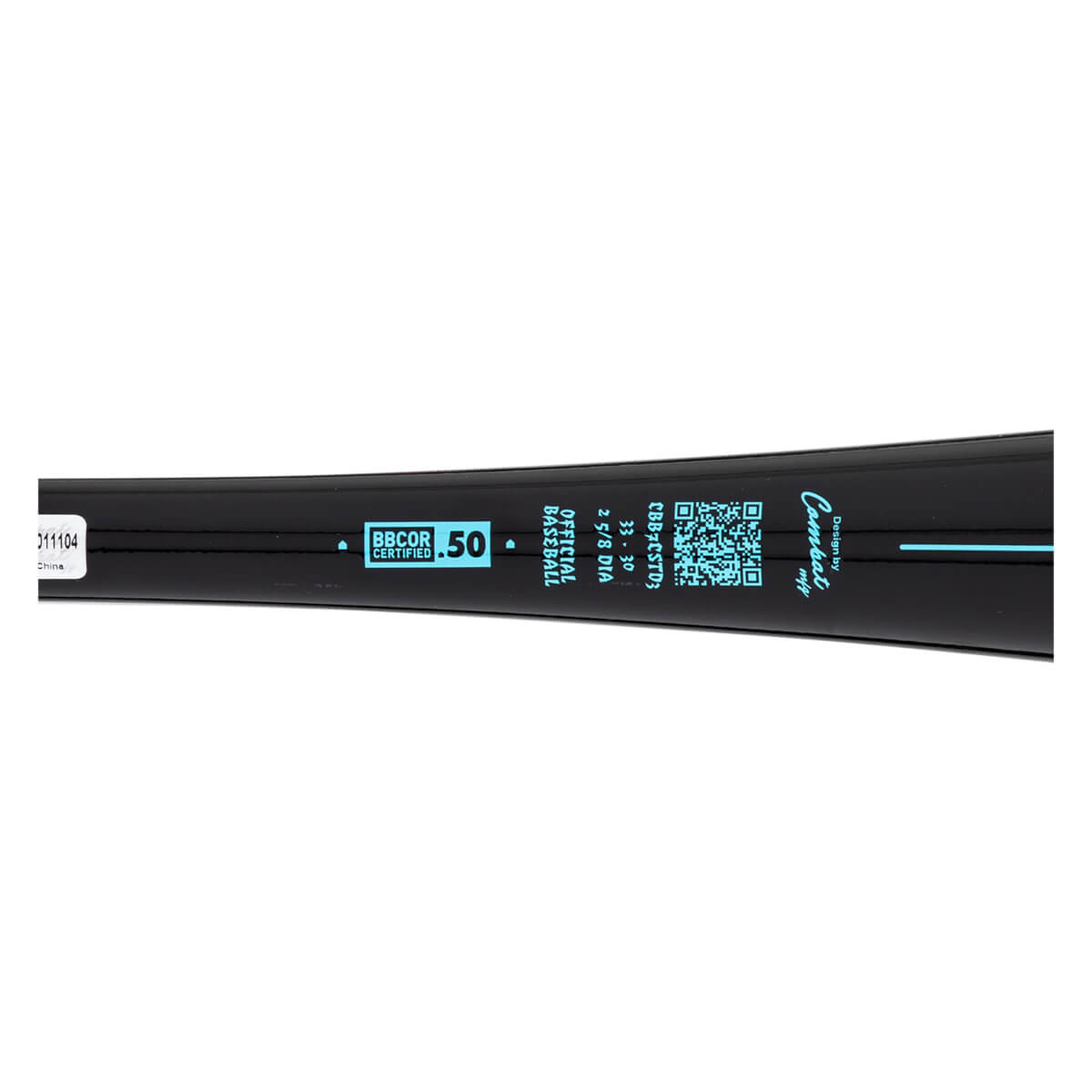 Side view of a black baseball bat with "BBCOR CERTIFIED .50" and "OFFICIAL BASEBALL" in teal.