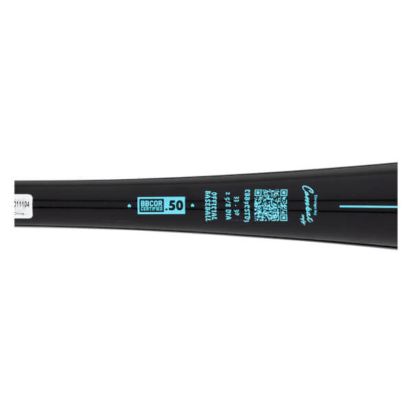 Side view of a black baseball bat with "BBCOR CERTIFIED .50" and "OFFICIAL BASEBALL" in teal.