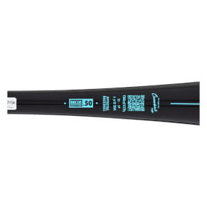 Side view of a black baseball bat with "BBCOR CERTIFIED .50" and "OFFICIAL BASEBALL" in teal.