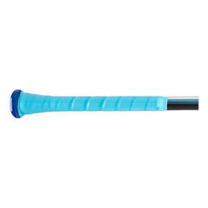 Close-up of a blue baseball bat grip with a textured surface and a blue end cap.