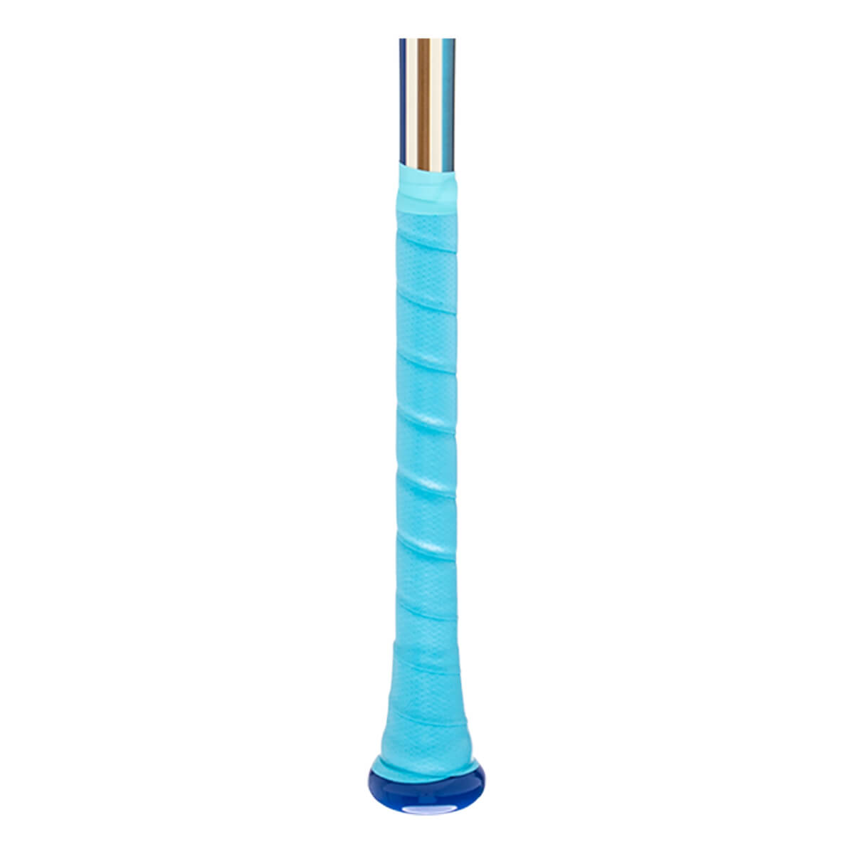 Close-up of the handle showing a bright blue grip with a textured pattern and a dark blue end cap.
