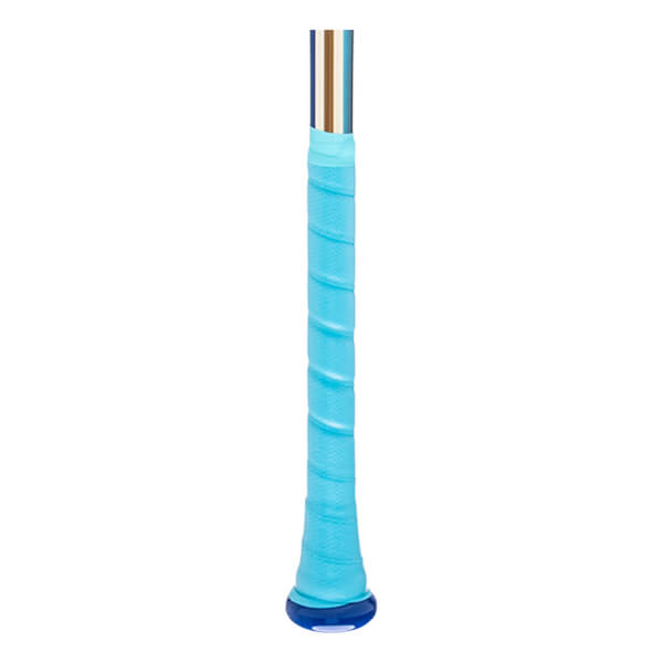 Close-up of the handle showing a bright blue grip with a textured pattern and a dark blue end cap.