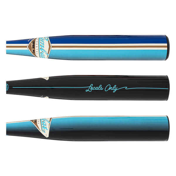Side view of a black baseball bat with "Locals Only" in turquoise script.