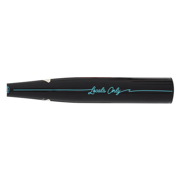Side view of a black baseball bat with a thin turquoise line and "Locals Only" in turquoise script.