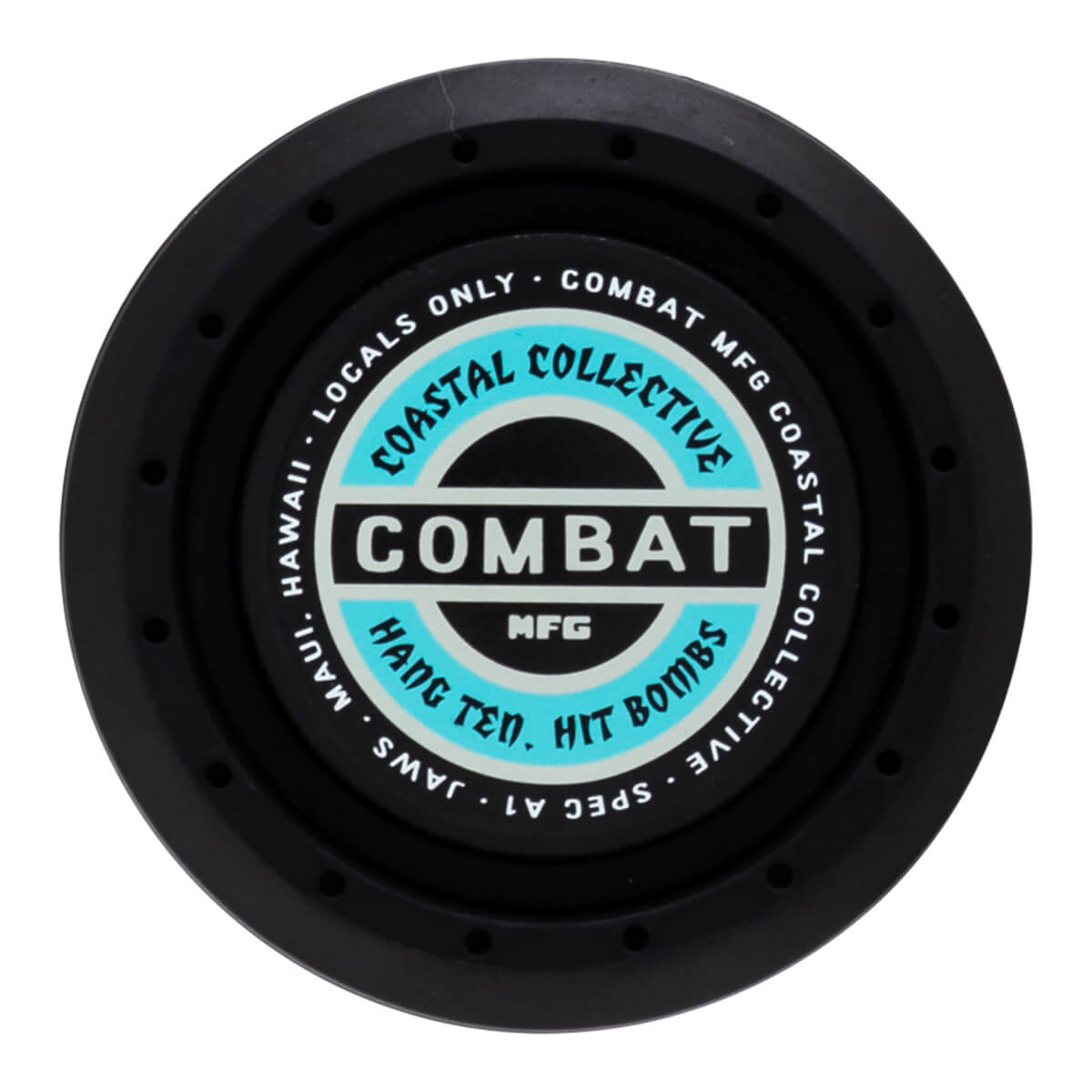 Top-down view of a black circular product with "COMBAT" prominently displayed in white and blue text.