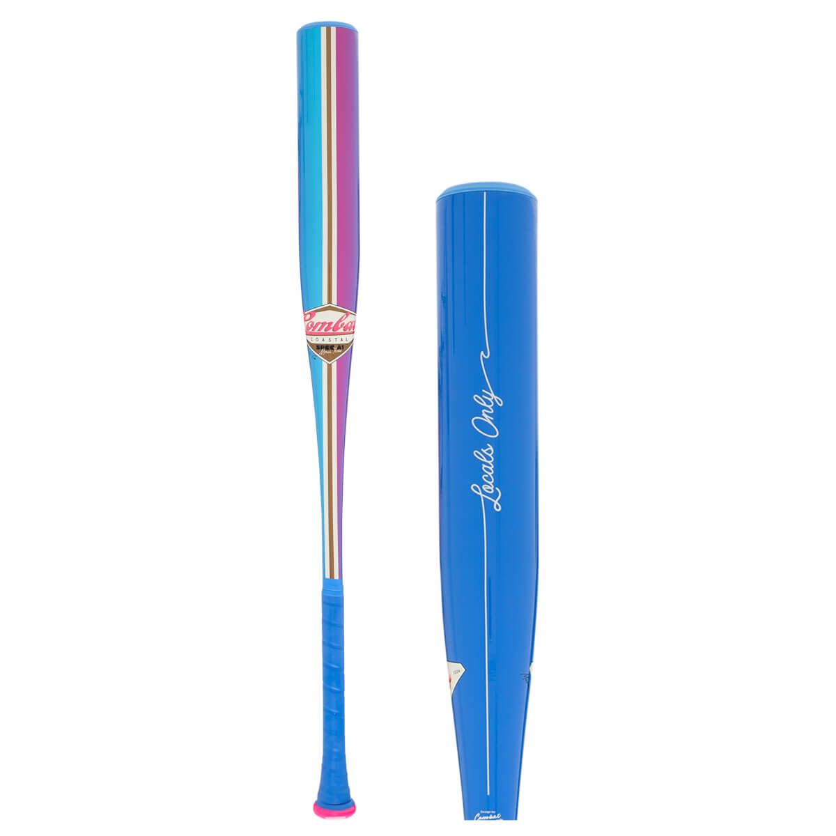 Front view of a baseball bat with colorful stripes and "Combat" logo, next to a blue bat with "Locals Only" text.