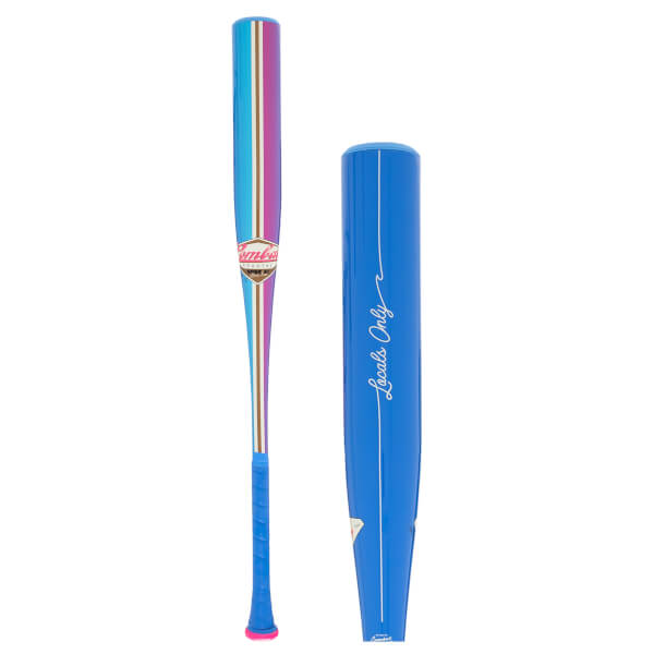 Front view of a baseball bat with colorful stripes and "Combat" logo, next to a blue bat with "Locals Only" text.