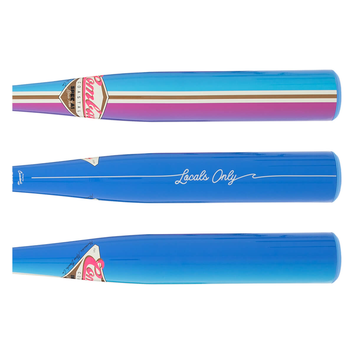 Top view of a blue baseball bat with "Locals Only" in white script and a pink/blue gradient barrel.