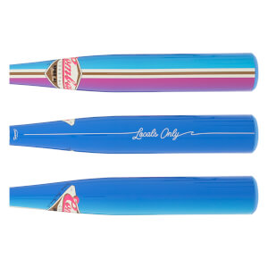 Top view of a blue baseball bat with "Locals Only" in white script and a pink/blue gradient barrel.