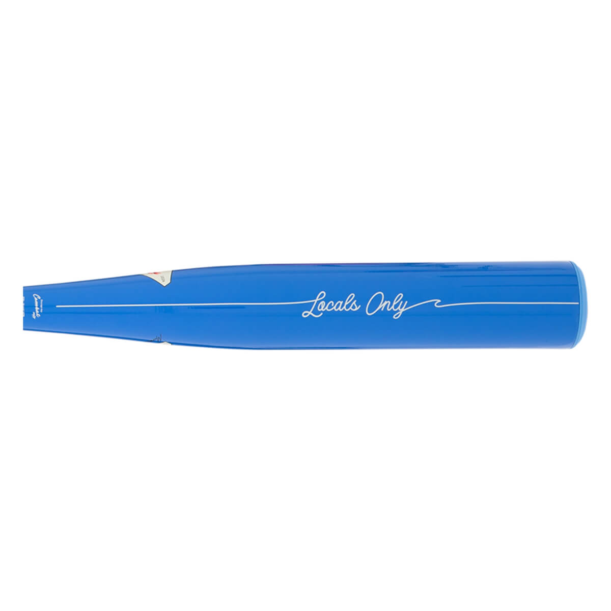 Side view of a blue baseball bat with "Locals Only" and "Combat" text.