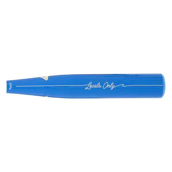 Side view of a blue baseball bat with "Locals Only" and "Combat" text.