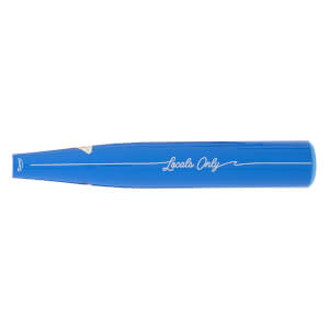 Side view of a blue baseball bat with "Locals Only" and "Combat" text.
