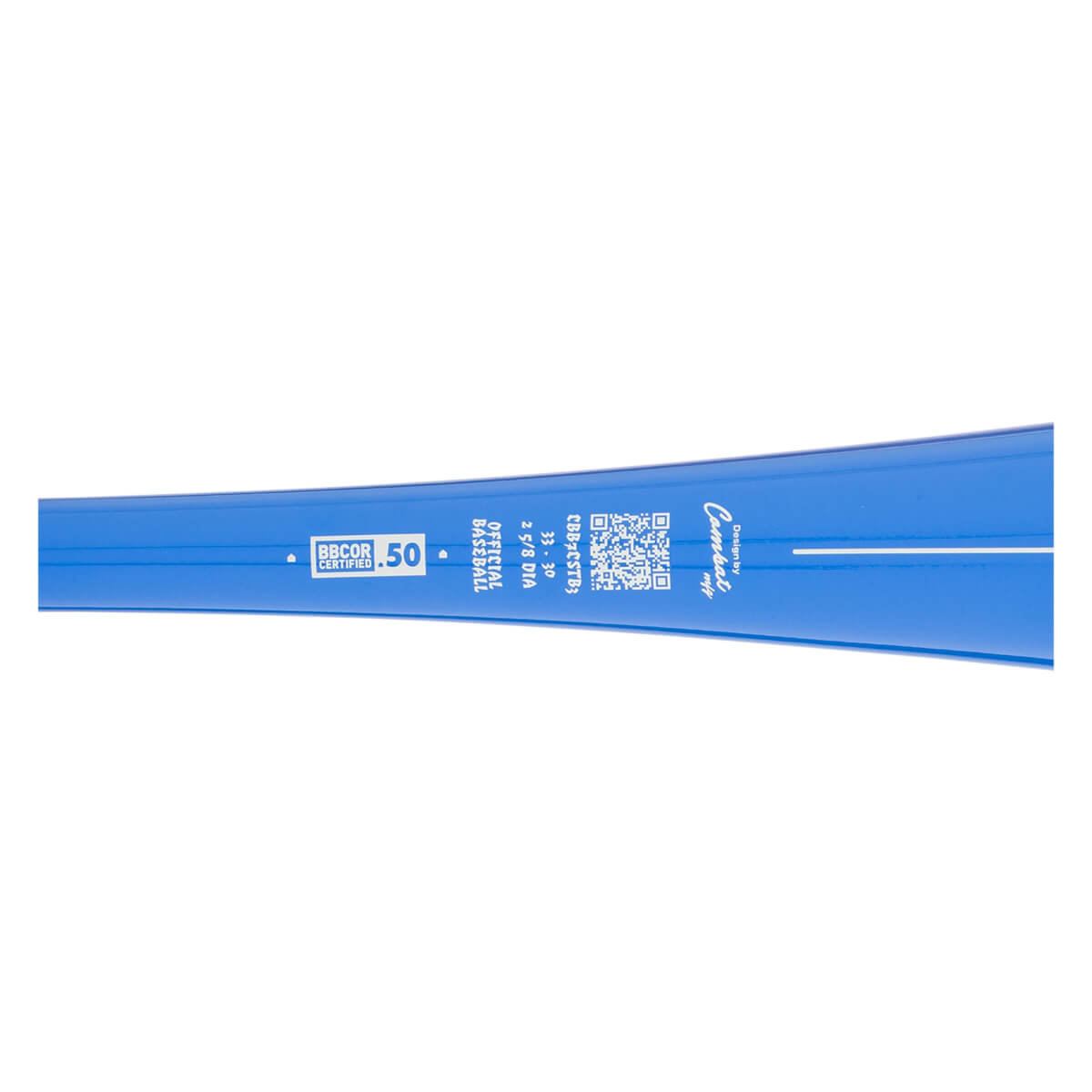 Side view of a blue baseball bat showing "BBCOR CERTIFIED .50", "OFFICIAL BASEBALL", "33 - 30", "2 5/8 DIA", "CB425TBS", and "Combat" logo.