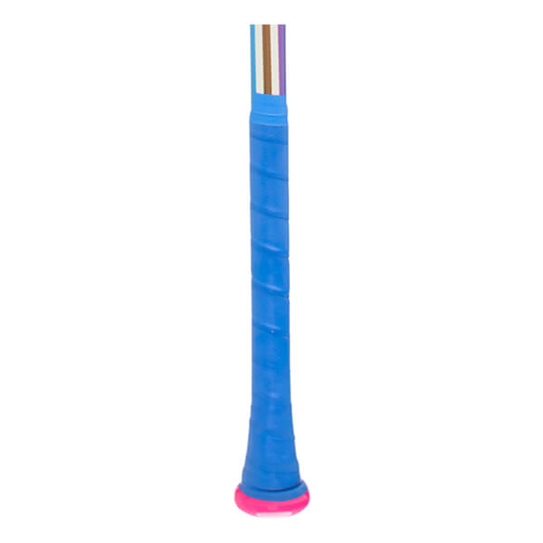 Close-up of the handle showing blue grip tape, a pink end cap, and colored stripes at the top.