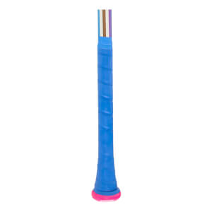 Close-up of the handle showing blue grip tape, a pink end cap, and colored stripes at the top.
