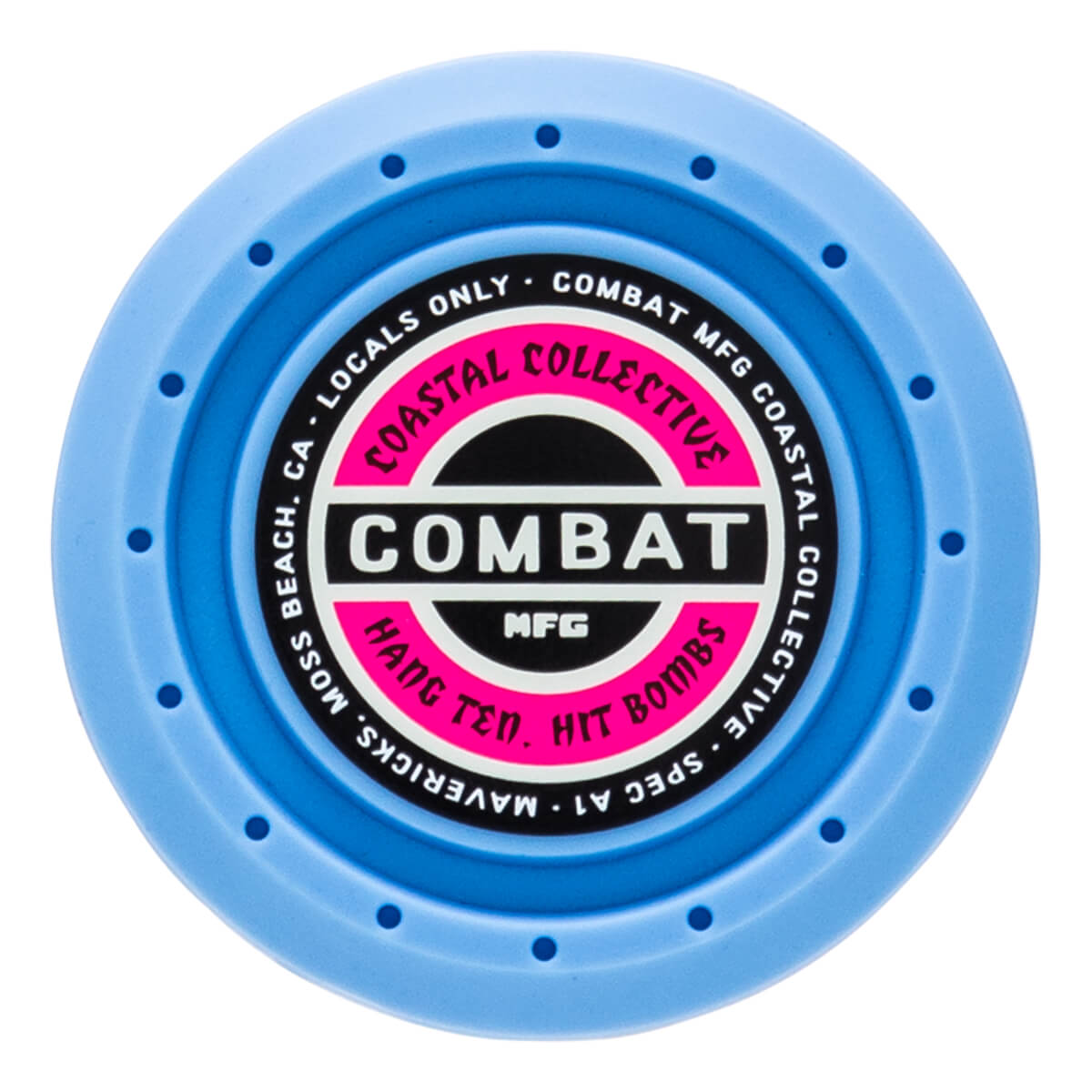 Top-down view of a blue circular product with "COMBAT" in large white letters on a pink and black label.