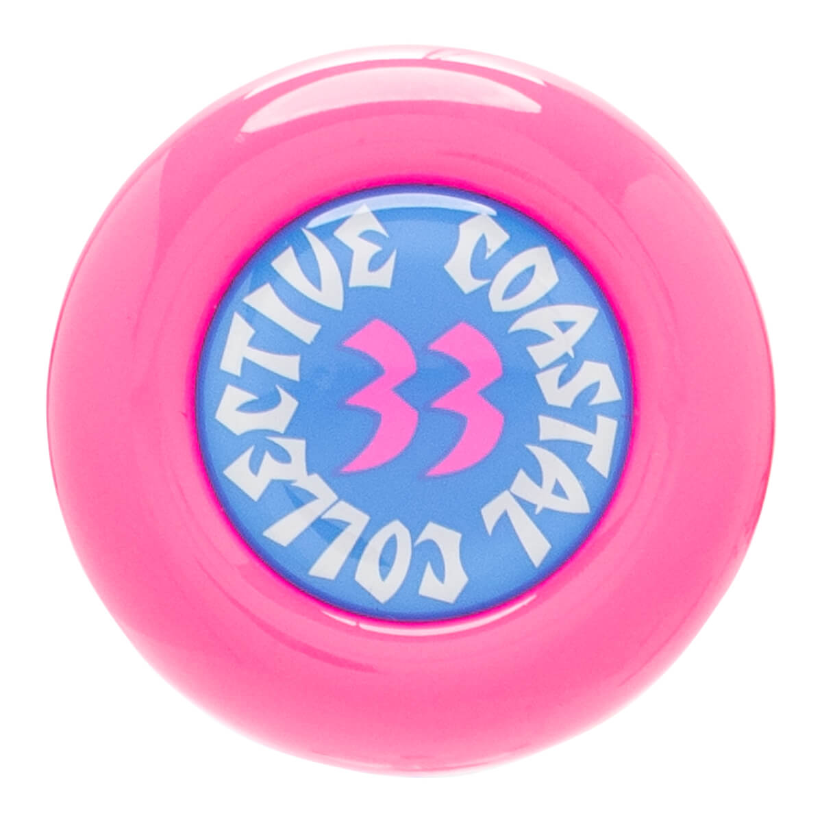 Top-down view of a pink baseball bat end cap with a blue circle featuring "COASTAL" and "33" in pink.