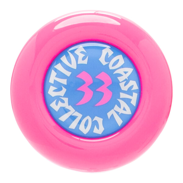 Top-down view of a pink baseball bat end cap with a blue circle featuring "COASTAL" and "33" in pink.