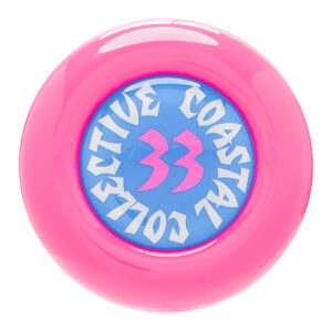 Top-down view of a pink baseball bat end cap with a blue circle featuring "COASTAL" and "33" in pink.