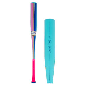 Front view of a baseball bat with pink, blue, and gold stripes, and a pink grip, next to a teal bat with "Locals Only" text.