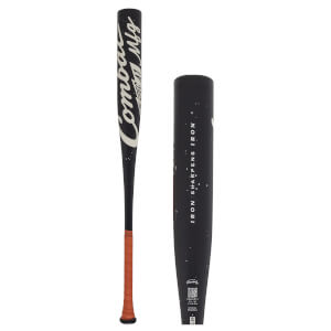 Front view of a black baseball bat with "Combat Mfg" in white script, a tan grip, and white speckles.