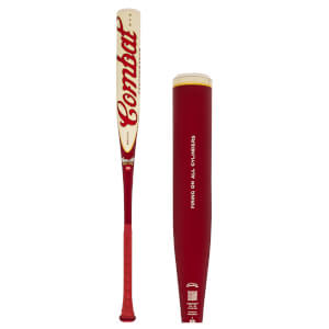Side view of a red baseball bat with "Combat" in red script and "FIRING ON ALL CYLINDERS" in white text.