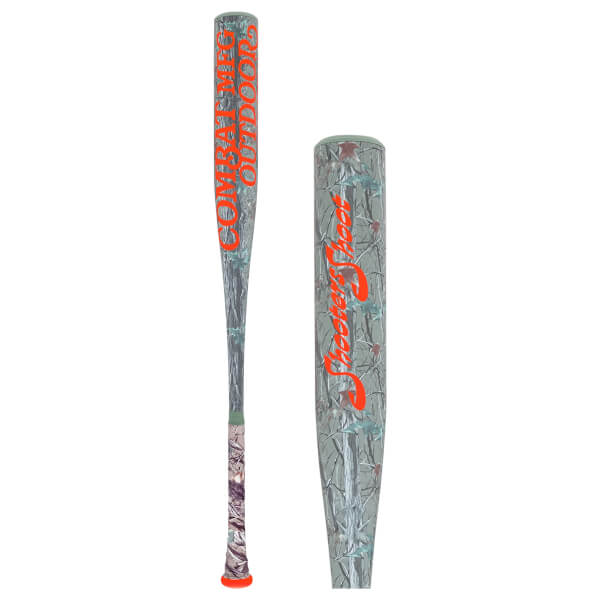 Side view of a grey camouflage baseball bat with orange COMBAT MFG OUTDOORS text, shown next to a close-up of its barrel with Shooters Shoot.