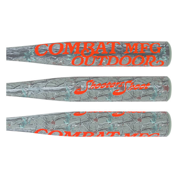 Side view of a grey camouflage baseball bat with orange text COMBAT MFG OUTDOORS, Shooters Shoot, and COMBAT MFG.