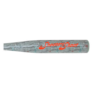 Side view of a grey camouflage baseball bat with Shooters Shoot in orange script and small star patterns.