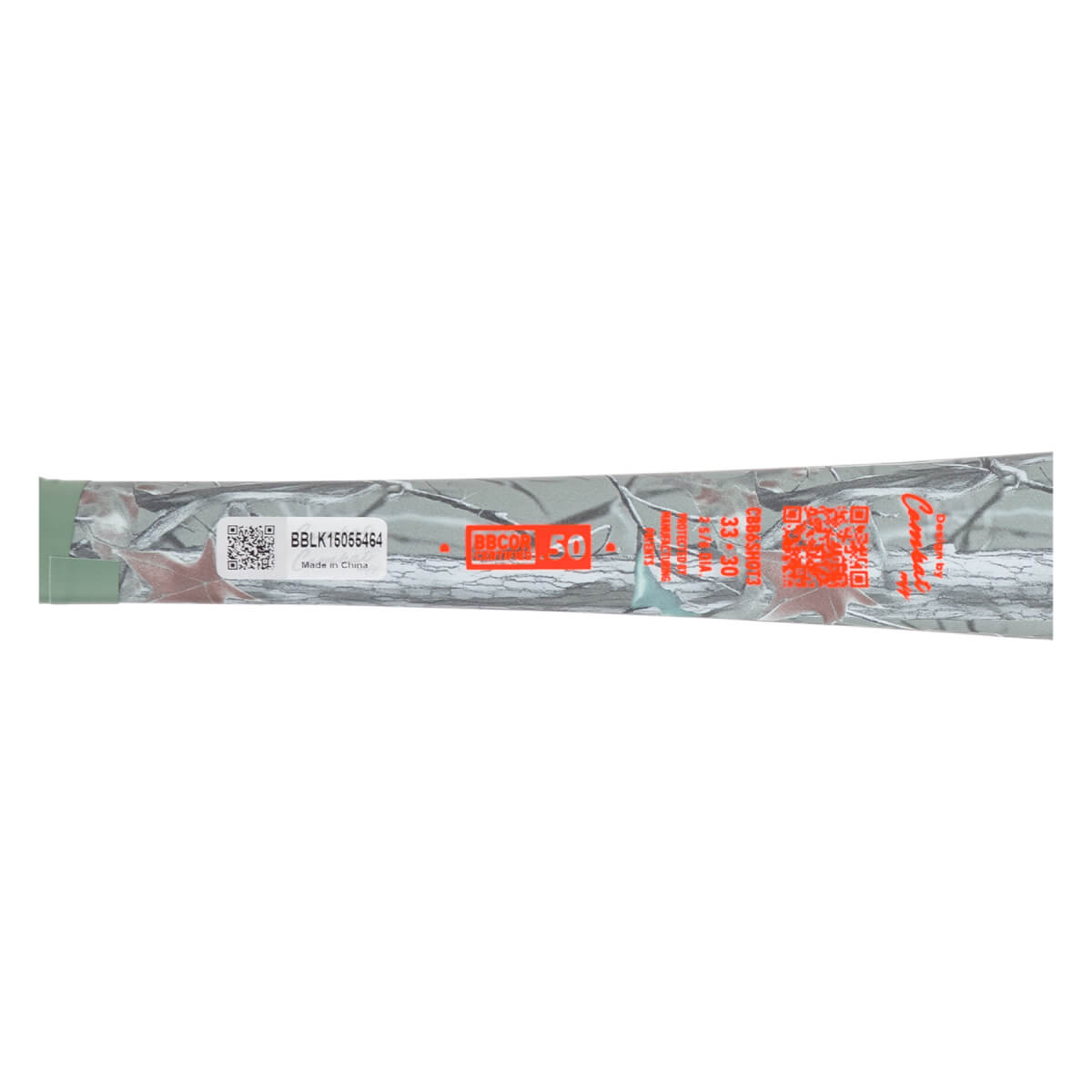 Side view of a baseball bat sealed in clear plastic packaging, showing a white label with BBLK15056464, red BBCOR .50 text, and Combat branding.