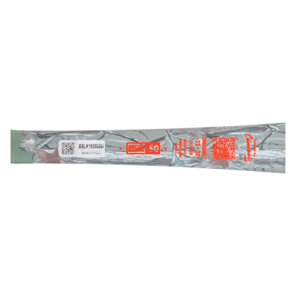Side view of a baseball bat sealed in clear plastic packaging, showing a white label with BBLK15056464, red BBCOR .50 text, and Combat branding.