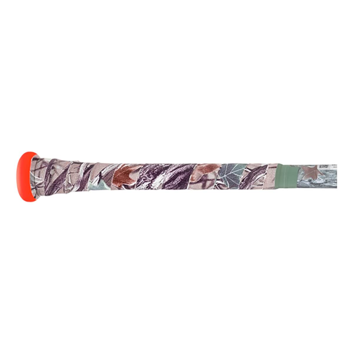 Close-up side view of a baseball bat handle with a bright orange knob and camouflage grip tape, finished with a green band.