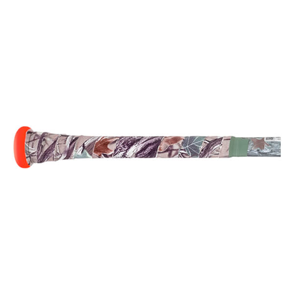 Close-up side view of a baseball bat handle with a bright orange knob and camouflage grip tape, finished with a green band.