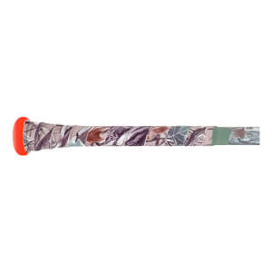 Close-up side view of a baseball bat handle with a bright orange knob and camouflage grip tape, finished with a green band.